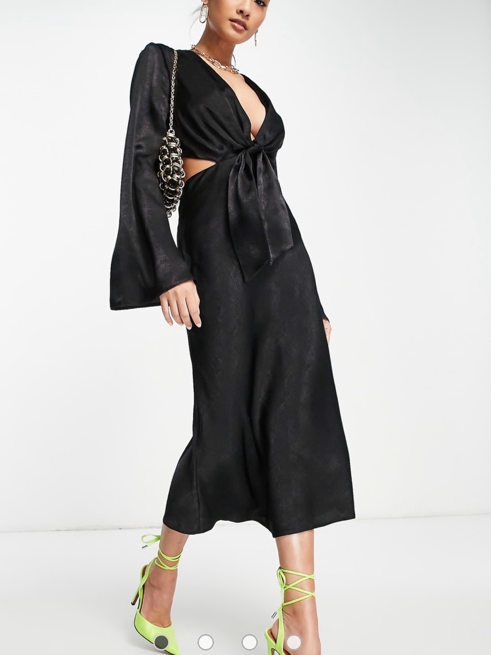 ASOS Black Satin Tie-Front Cut Out Midi Dress